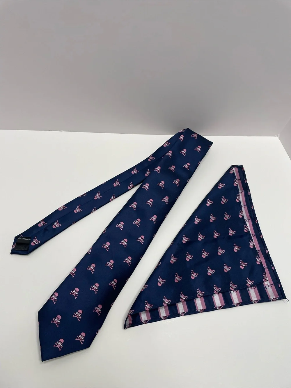Men's Navy Tie and Pocket Square Set with Pink Skull with Mustache Pattern